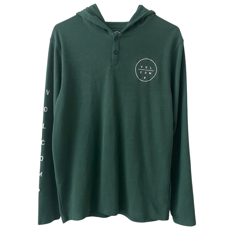 VOLCOM Men's Graphic Hoodie Waffle Knit Green Size Medium Quarter Button